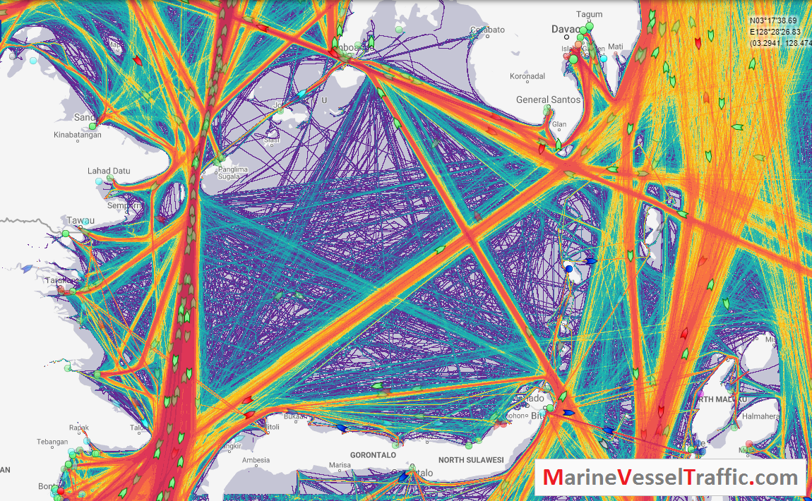 Live Marine Traffic, Density Map and Current Position of ships in CELEBES SEA