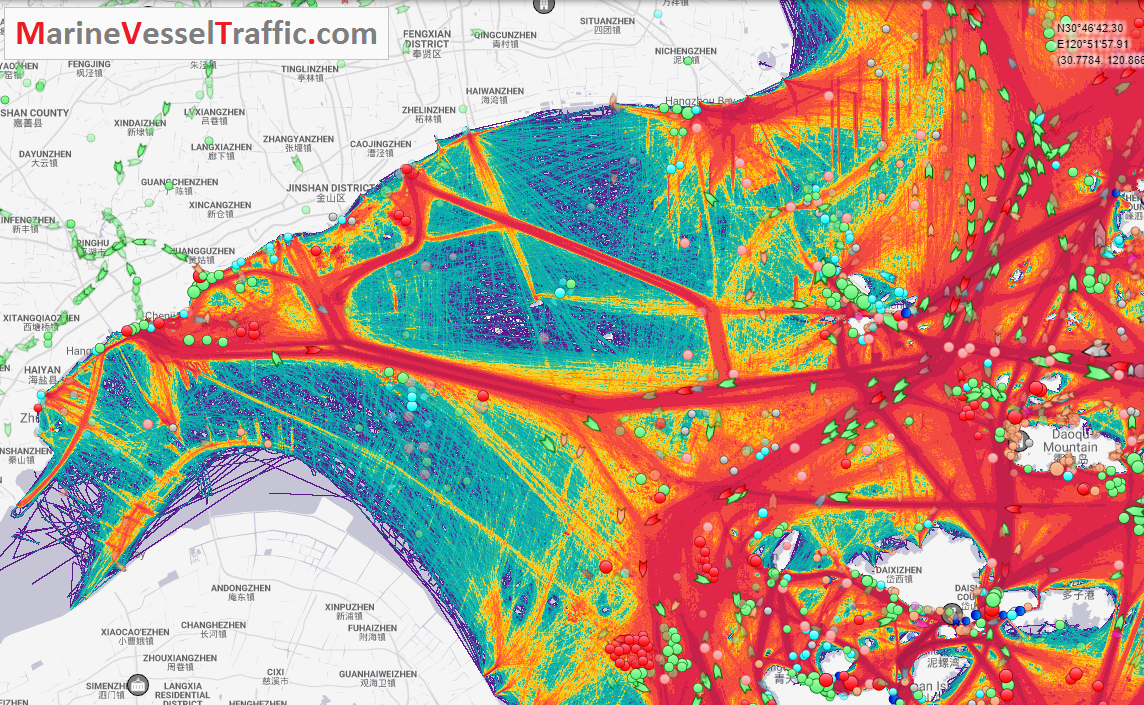 Live Marine Traffic, Density Map and Current Position of ships in HANGZHOU BAY